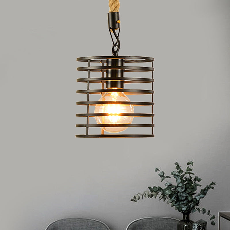 1 Light Metal and Rope Hanging Light Farmhouse Style Black Globe/Cylinder/Barrel Cage Dining Room Pendant Lamp