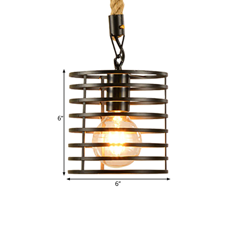 1 Light Metal and Rope Hanging Light Farmhouse Style Black Globe/Cylinder/Barrel Cage Dining Room Pendant Lamp