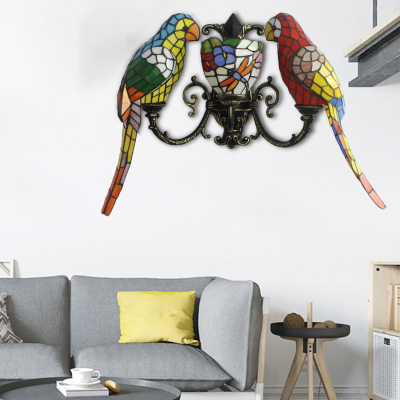 Petal and Butterfly Wall Sconce with Parrot 3 Heads Tiffany Stained Glass Wall Lamp for Study Room