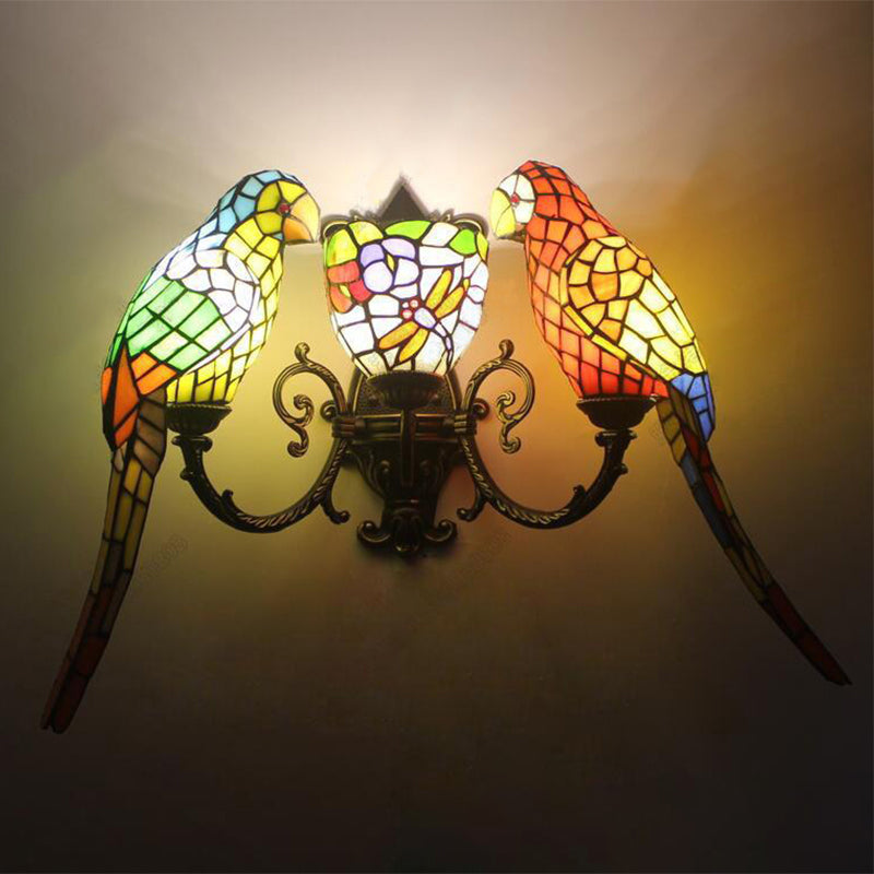 Petal and Butterfly Wall Sconce with Parrot 3 Heads Tiffany Stained Glass Wall Lamp for Study Room