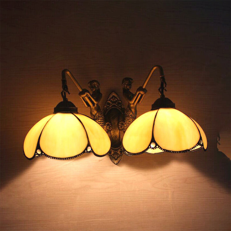 2 Lights Petal Sconce Lighting Tiffany Yellow Glass Sconce Light Fixture for Bedroom