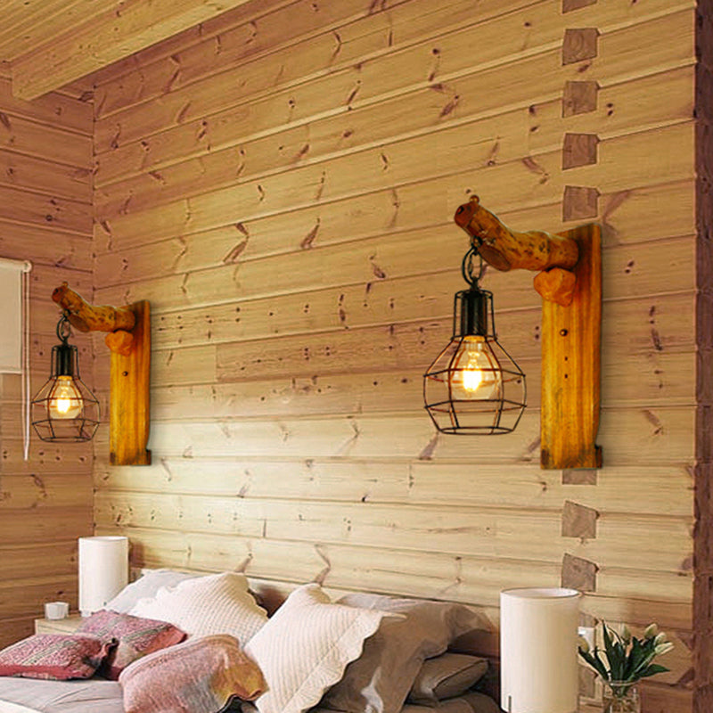 Kugelkäfigschlafzimmerleuchter leichter Vintage Stylish Metal 1 Glühbirne Schwarze Wand Hanging Lampe mit Holzrückenplatte