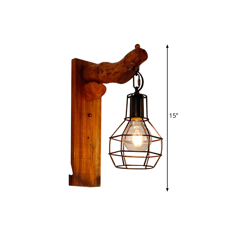 Kugelkäfigschlafzimmerleuchter leichter Vintage Stylish Metal 1 Glühbirne Schwarze Wand Hanging Lampe mit Holzrückenplatte