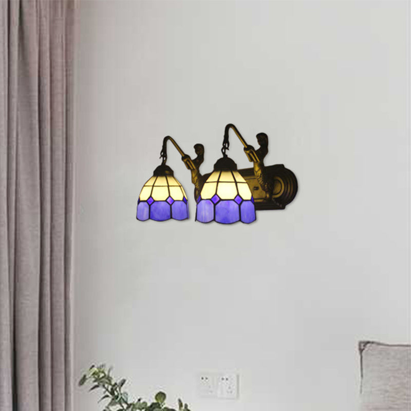 2 Heads Wall Mount Light Mediterranean Grid Patterned Blue Glass Sconce Light with Mermaid Backplate