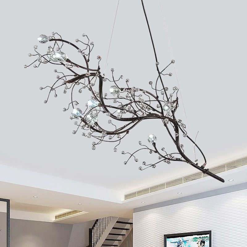 Lampadario a ramo sottile metallico con tallone di cristallo 10 luci a sospensione romantica per boutique