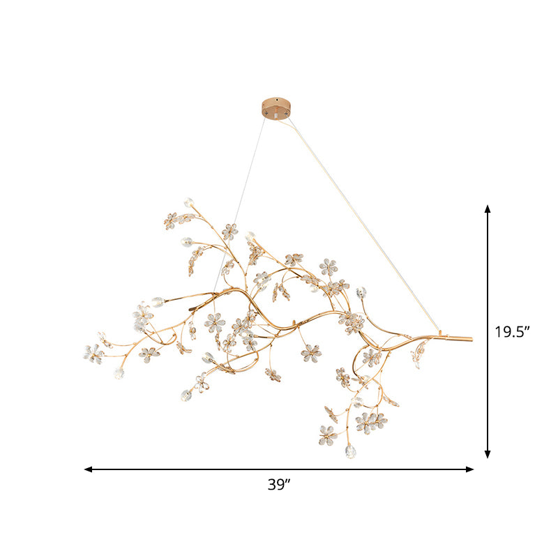 Romantischer Pflaumenbaum -Kronleuchter mit Kristallblume 12 Lichter Metallic -Anhänger Licht in Gold für Cafe