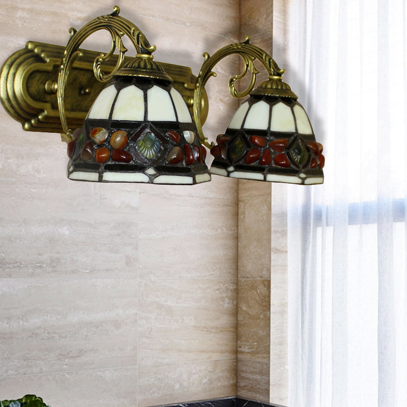 Hotel Bell Shade Wall Light with Curved Arm Stained Glass 2 Heads Tiffany Vintage Wall Lamp