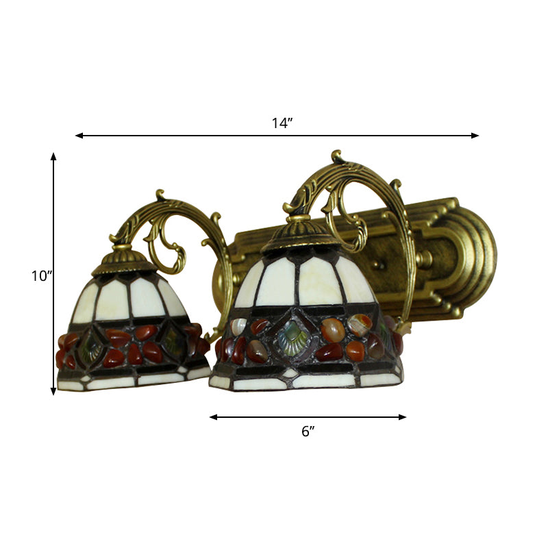 Hotel Bell Shade Wall Light with Curved Arm Stained Glass 2 Heads Tiffany Vintage Wall Lamp