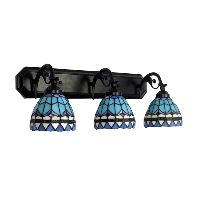 3 Heads Bowl Wall Mount Light Baroque Style Stained Glass Bathroom Vanity Light in Black Finish