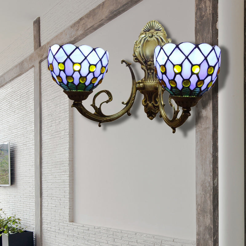 Blue Lattice Domed Wall Scone Two Lights Classic Tiffany Stained Glass Wall Light for Bar