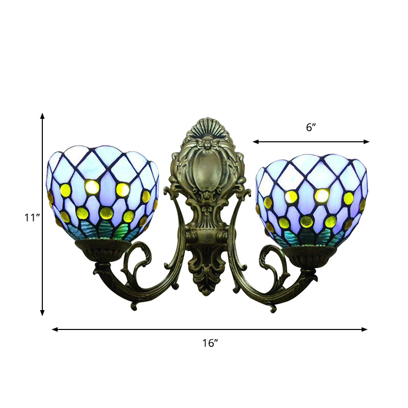 Blue Lattice Domed Wall Scone Two Lights Classic Tiffany Stained Glass Wall Light for Bar