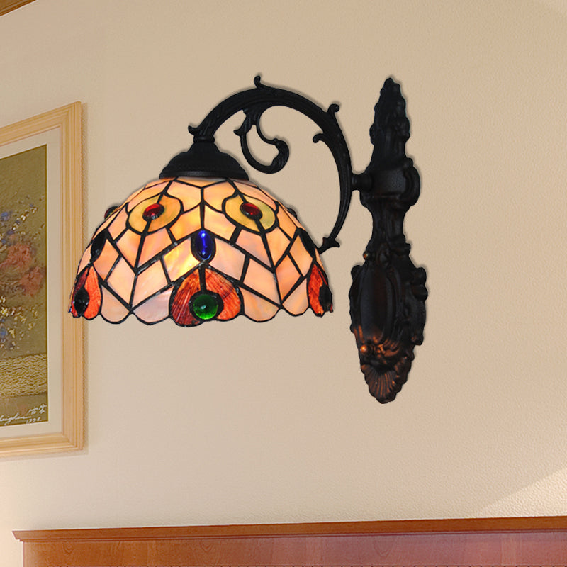 Rustic Loft Dome Wall Sconce Stained Glass 1 Head Wall Mount Light with Curved Arm for Dining Room
