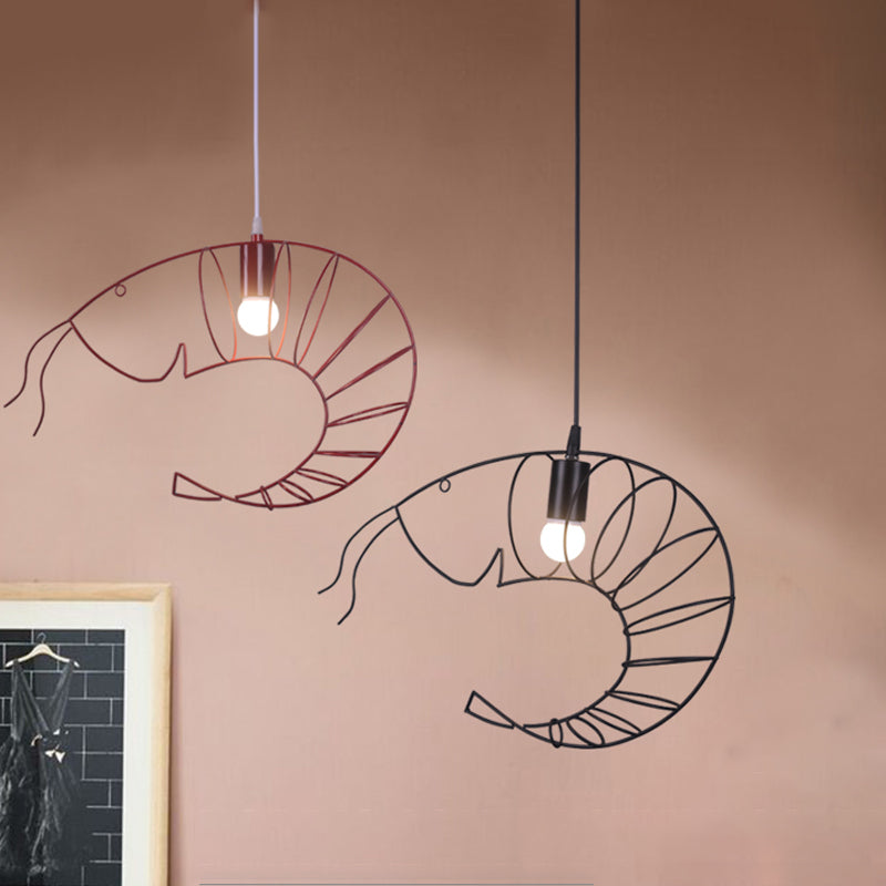 1 Light Metal Hanging Lamp Retro Stylish Black/Red/White Shrimp Dining Room Pendant Light with Wire Guard