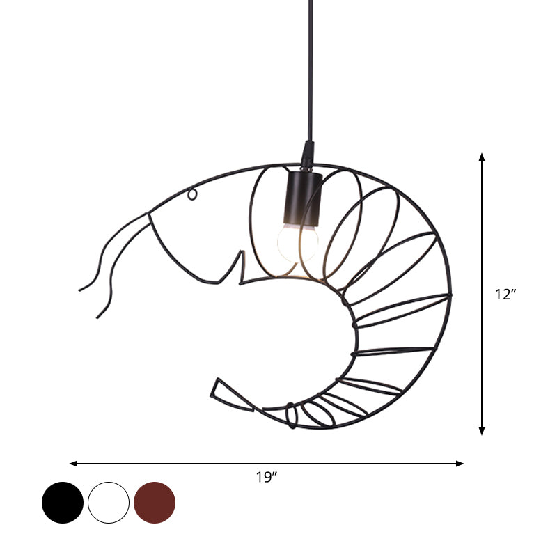 1 Light Metal Hanging Lamp Retro Stylish Black/Red/White Shrimp Dining Room Pendant Light with Wire Guard