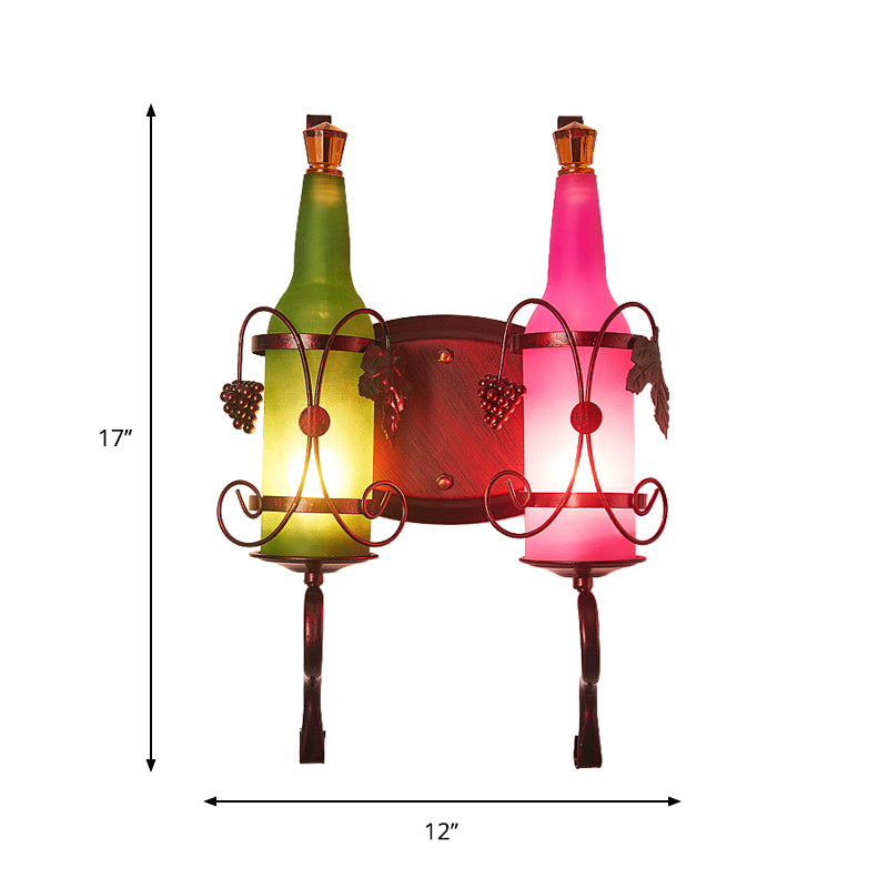 Industrieflaschenschatten Wandleuchte 2 Leuchten gefrostete Glaswandlampe mit Blatt -Deco in Grün und Rosa