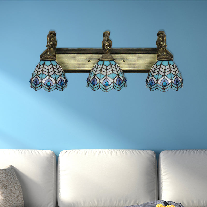 Peacock Tail Sconce Lighting Tiffany Stained Glass 3 Head Blue Wall Mounted Lighting, 6"/8" Wide