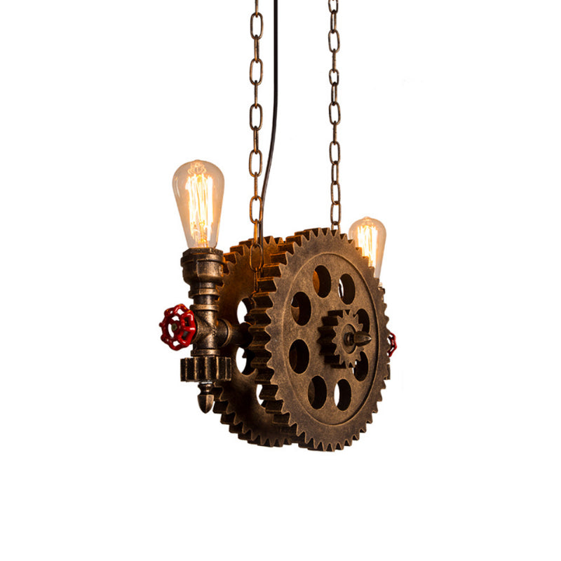 Antique Stylish Gear Pendant Light with Exposed Bulb 2 Lights Metallic Island Pendant Light in Rust for Dining Room