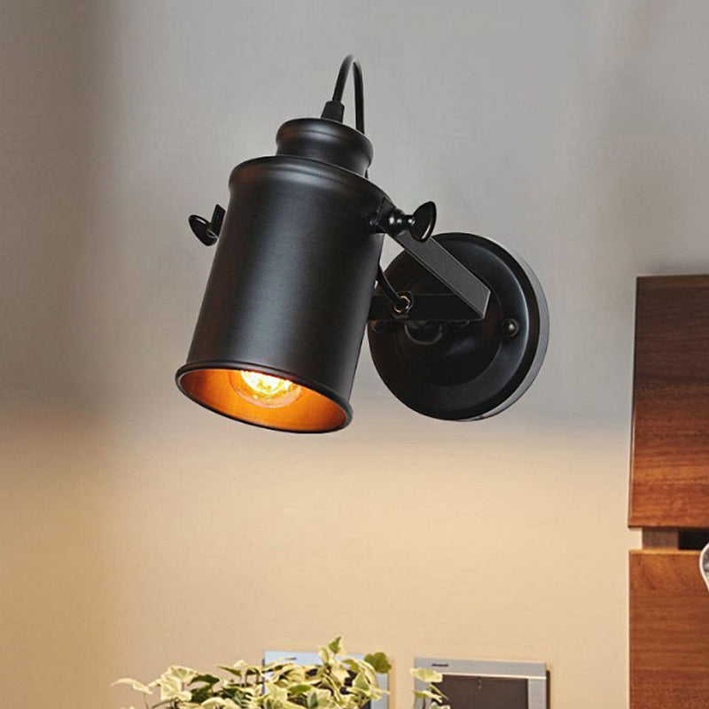 Matte Black 1 Head Wall Light Fixture Retro Style Metal Cylindrical Shade Adjustable Sconce Light with Plug-In Cord