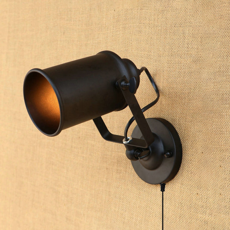 Matte Black 1 Head Wall Light Fixture Retro Style Metal Cylindrical Shade Adjustable Sconce Light with Plug-In Cord