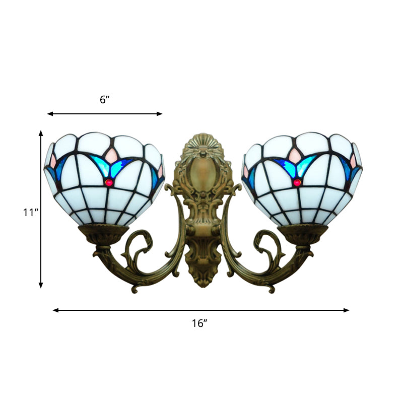 Stained Glass Domed Wall Sconce 2 Heads Traditional Tiffany Wall Lamp in White for Hotel