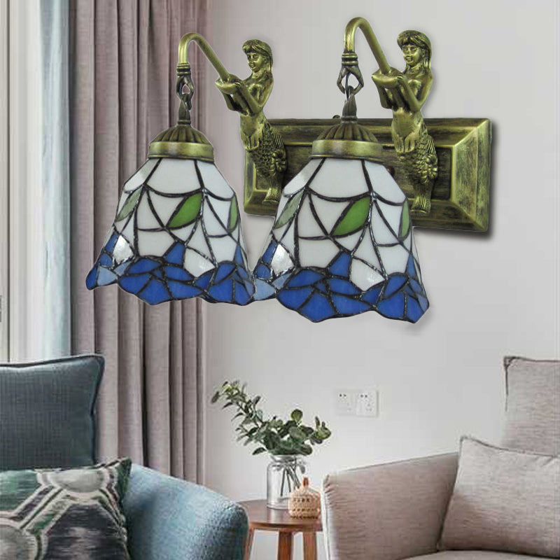 2 Heads Hallway Sconce Light Mediterranean Antique Bronze Wall Mount Lamp with Flared Blue and White Glass Shade