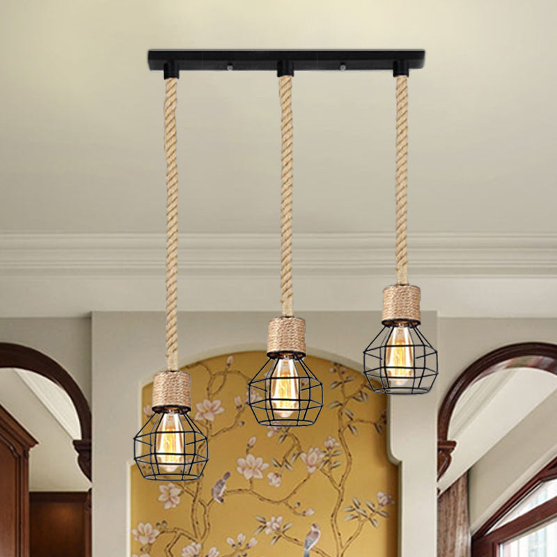 Metal Globe Cage Ceiling Lighting with Adjustable Rope Lodge 3/5 Heads Indoor Hanging Light in Black