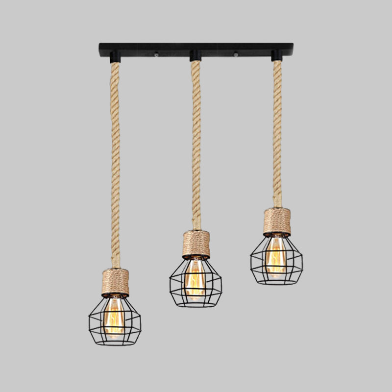 Metal Globe Cage Ceiling Lighting with Adjustable Rope Lodge 3/5 Heads Indoor Hanging Light in Black