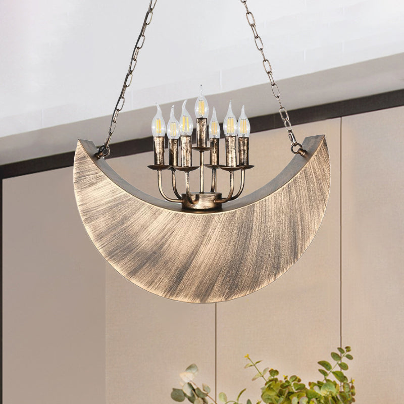 Living Room Candle Hanging Light with Crescent Deco Metal 7-Light Vintage Chandelier in Legacy Brass