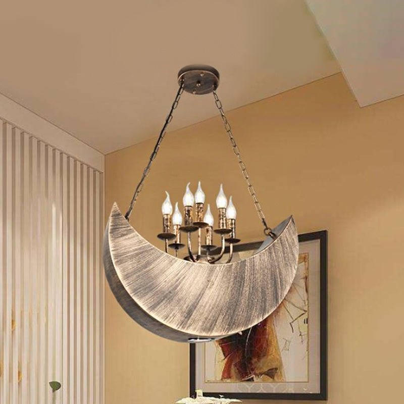Living Room Candle Hanging Light with Crescent Deco Metal 7-Light Vintage Chandelier in Legacy Brass
