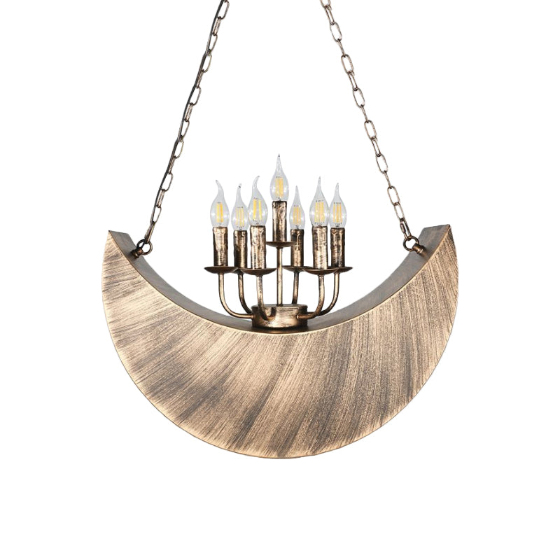 Living Room Candle Hanging Light with Crescent Deco Metal 7-Light Vintage Chandelier in Legacy Brass