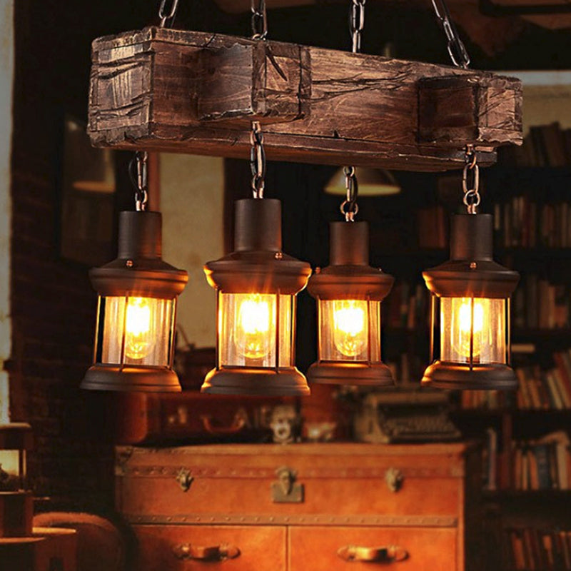 Lantern Clear Glass Hanging Pendant Coastal 4-Light Dining Room Island Light Fixture in Brown with Wood Deco
