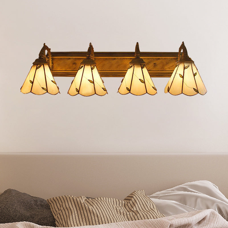 Stained Glass Leaf Wall Sconce Light Rustic Loft 4 Lights Bathroom Vanity Lighting in Beige