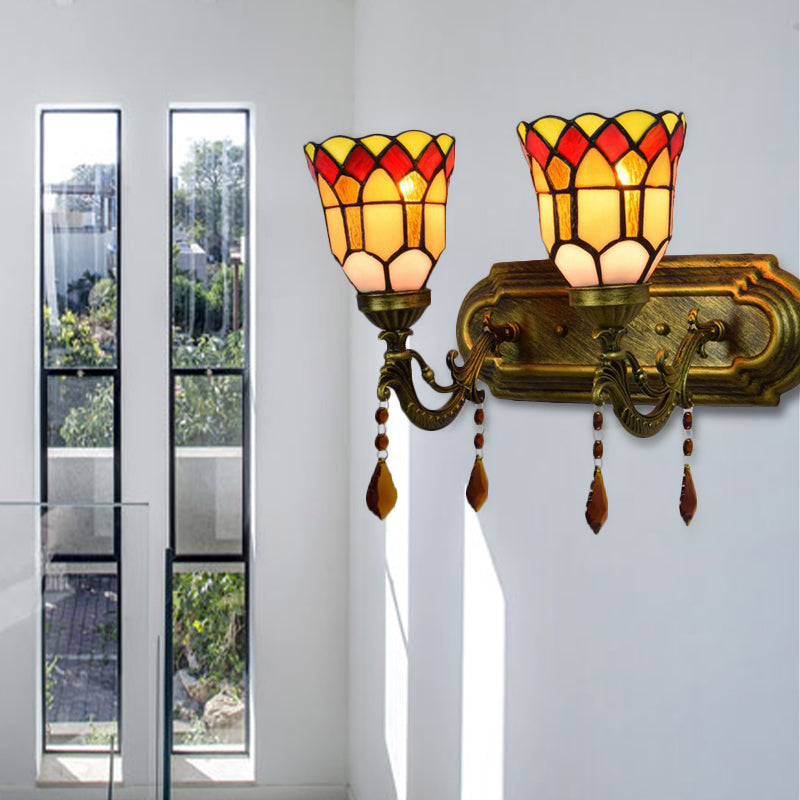 Foyer Stair Bell Wall Sconce with Agate Stained Glass 2 Heads Tiffany Traditional Wall Light