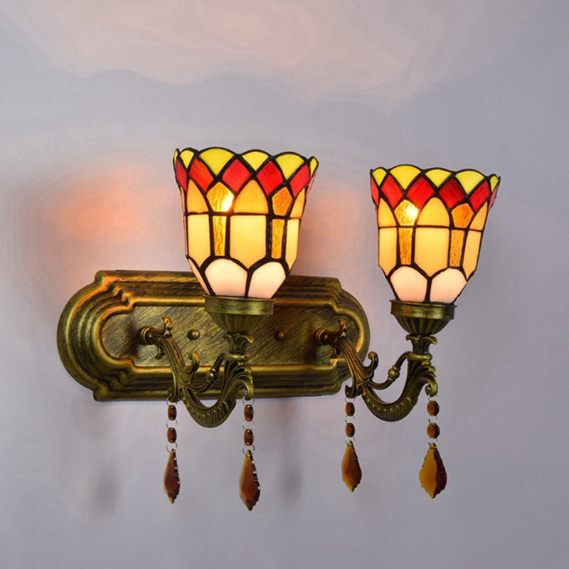 Foyer Stair Bell Wall Sconce with Agate Stained Glass 2 Heads Tiffany Traditional Wall Light