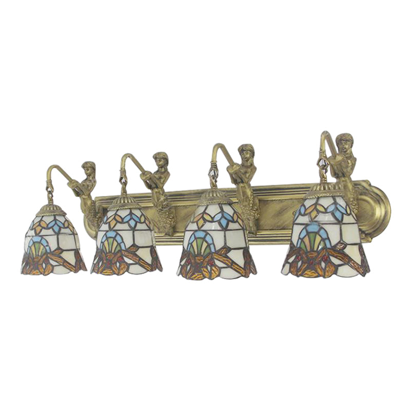 Beige Glass Bell Sconce Lighting Baroque 4 Heads Brass Wall Mount Lighting with Mermaid Decoration