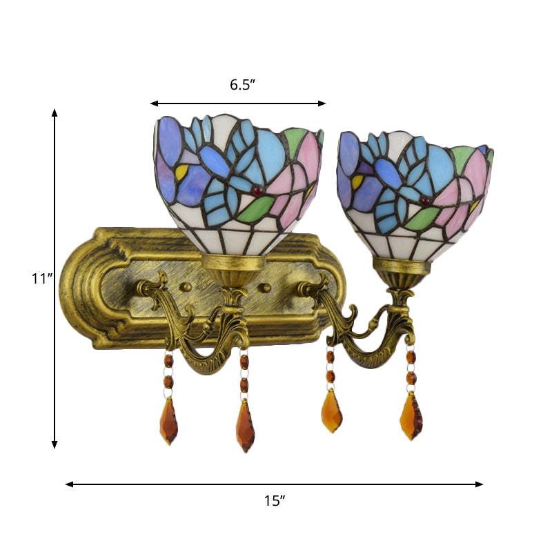 Tiffany Blossom Bird Wall Lamp with Agate Stained Glass 2 Heads Wall Light for Study Room