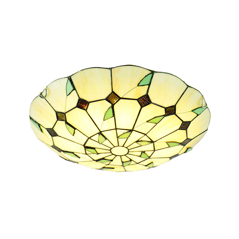3 Bulbs Bowl Flush Lighting Stained Glass Tiffany Ceiling Light Fixture for Living Room