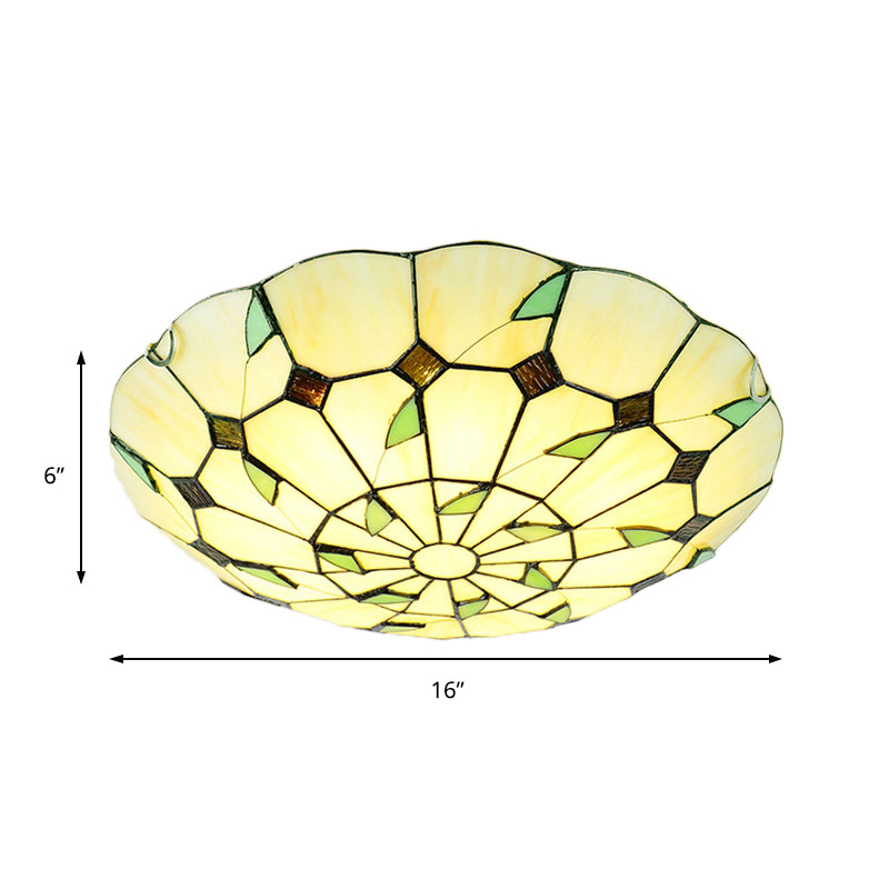 3 Bulbs Bowl Flush Lighting Stained Glass Tiffany Ceiling Light Fixture for Living Room
