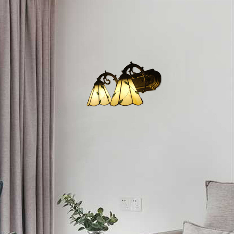 Beige Conical Wall Light with Leaf 2 Heads Tiffany Rustic Glass Wall Lamp for Study Room