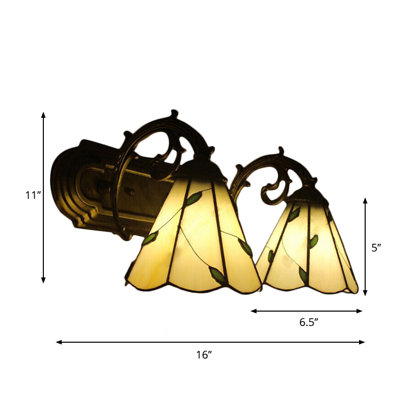 Beige Conical Wall Light with Leaf 2 Heads Tiffany Rustic Glass Wall Lamp for Study Room