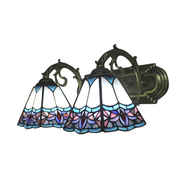2 Bulbs Pyramid Wall Light Tiffany Classic Stained Glass Wall Sconce in Blue with Curved Arm for Corridor