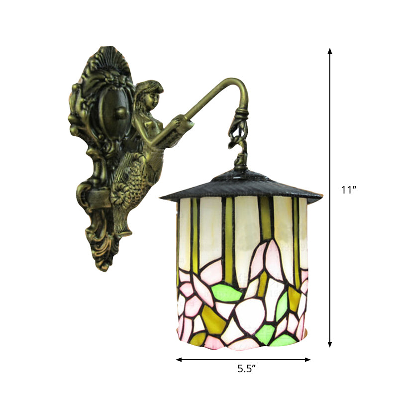 Cylinder Sconce Lighting Tiffany Beige Glass 1 Head Hallway Wall Mounted Light with Flower Pattern