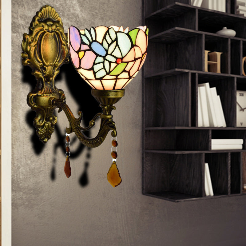 Bedroom Blossom Bird Wall Light Stained Glass 1 Head Wall Sconce with Agate Deco in Antique Brass