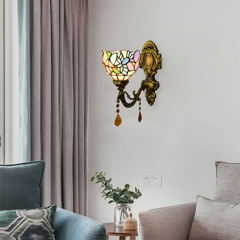 Bedroom Blossom Bird Wall Light Stained Glass 1 Head Wall Sconce with Agate Deco in Antique Brass