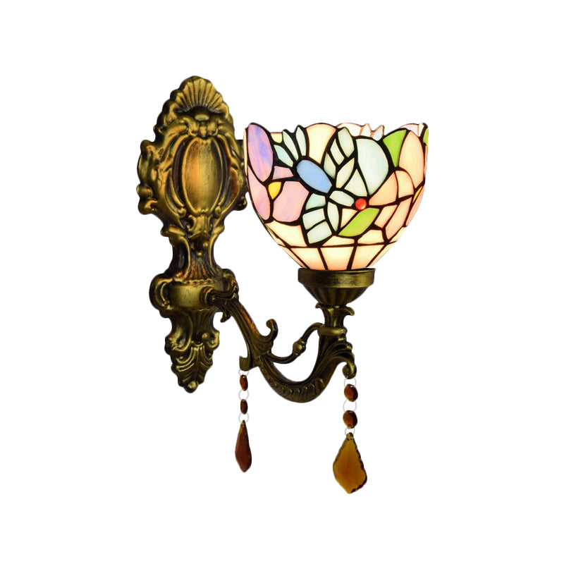 Bedroom Blossom Bird Wall Light Stained Glass 1 Head Wall Sconce with Agate Deco in Antique Brass