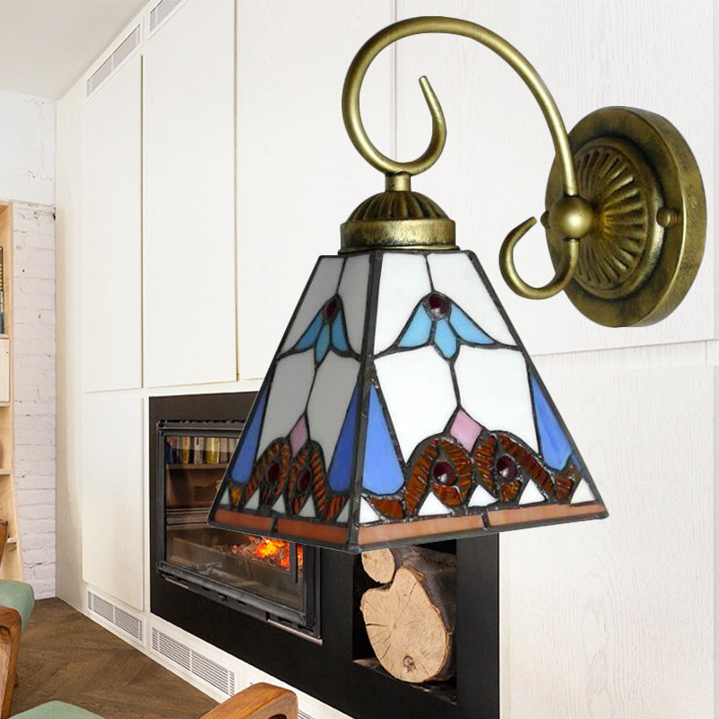 1 Head Pyramid Wall Light Fixture Tiffany Blue Stained Glass Sconce Light with Scrolling Arm