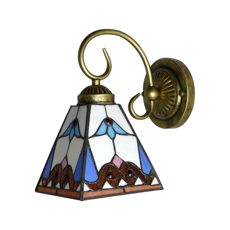 1 Head Pyramid Wall Light Fixture Tiffany Blue Stained Glass Sconce Light with Scrolling Arm