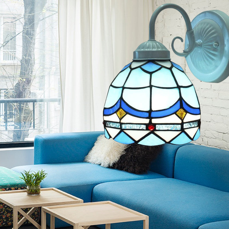 Tiffany Domed Small Wall Light Stained Glass 1 Head Blue Wall Sconce in White Finish for Living Room