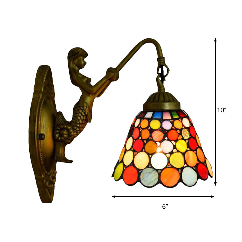 Antique Brass 1 Head Wall Light Fixture Tiffany Multicolor Stained Glass Flared Sconce Light