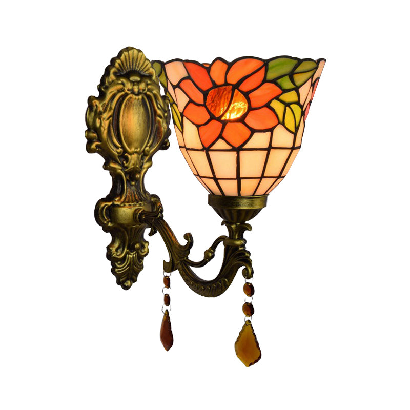 Bowl Wall Sconce Lamps Tiffany Stained Glass 1 Bulb Floral Wall Sconce Lights with Crystal in Orange